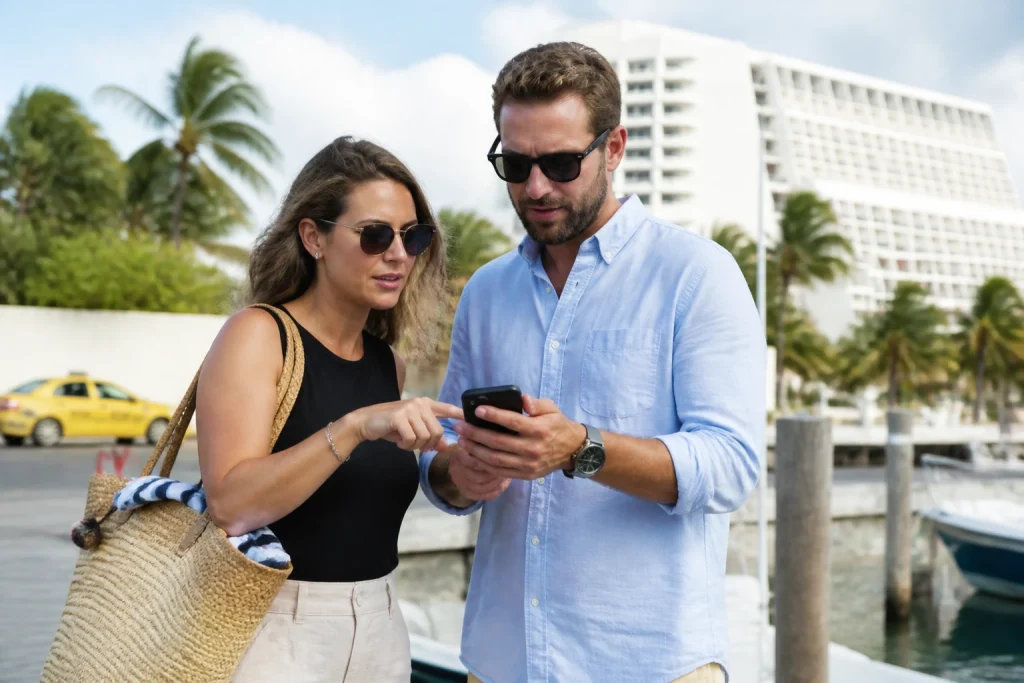 Travelers preparing for a Cancun marina meeting point