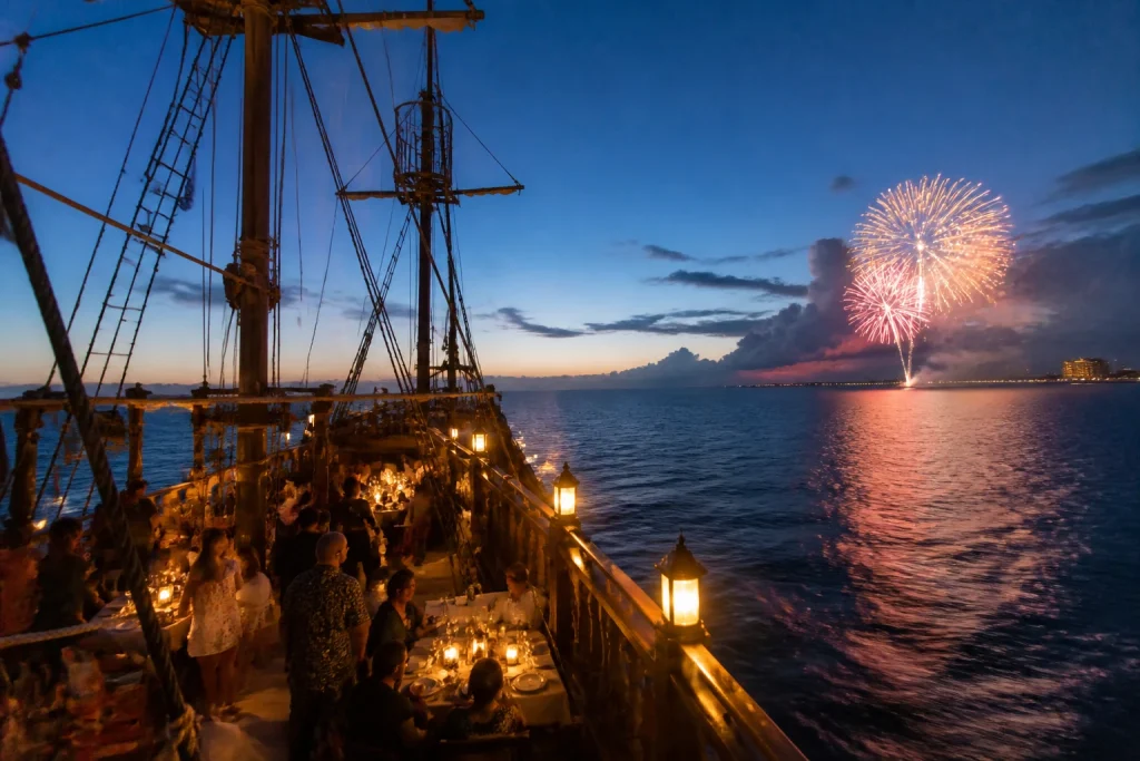 Evening dinner cruise ship with fireworks near Cancun