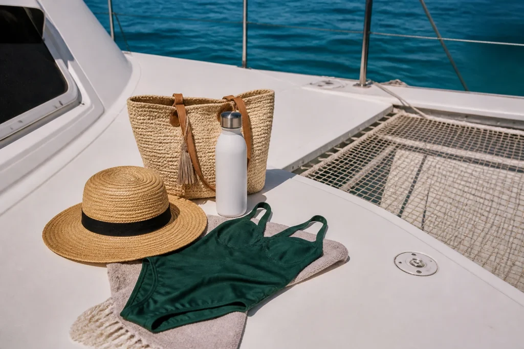 Practical items packed for a Cancun catamaran cruise