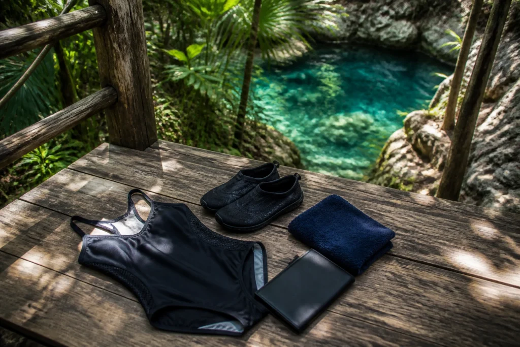 Water shoes and swimwear prepared for a Cancun-area zipline and cenote excursion