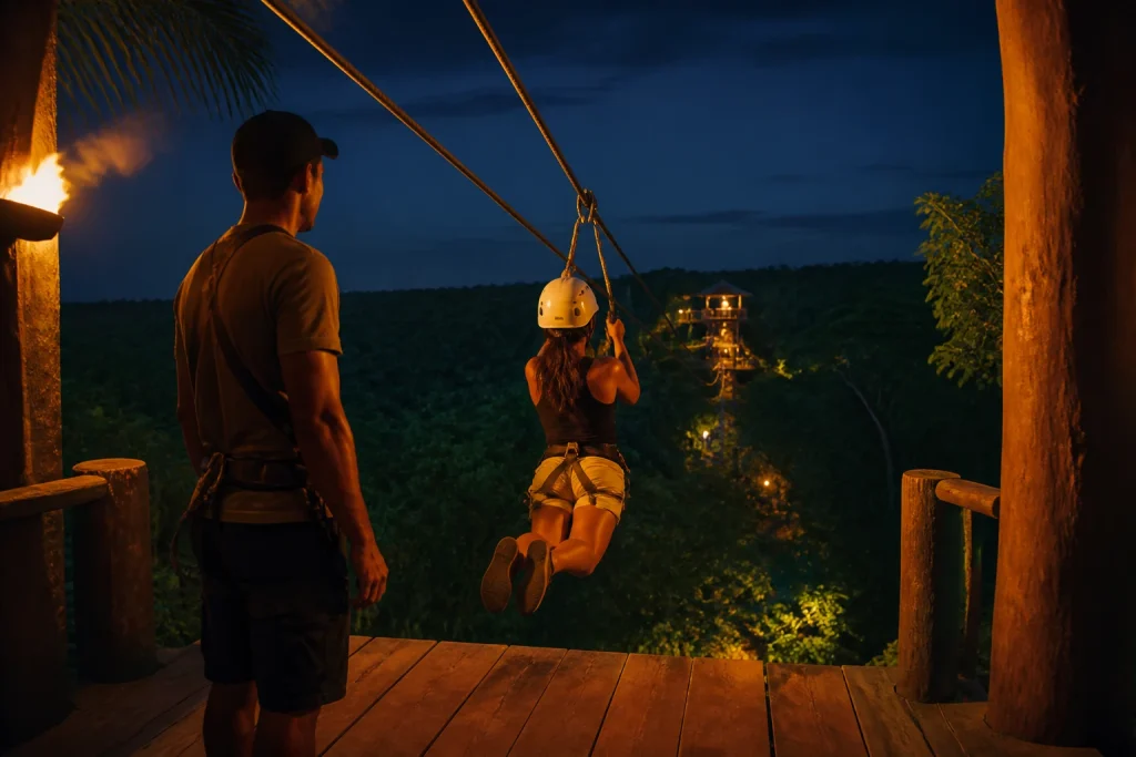 Nighttime zipline setting in a jungle adventure park