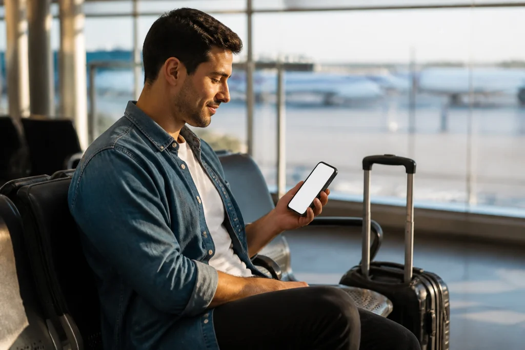 Traveler checking airport transfer booking details before arrival