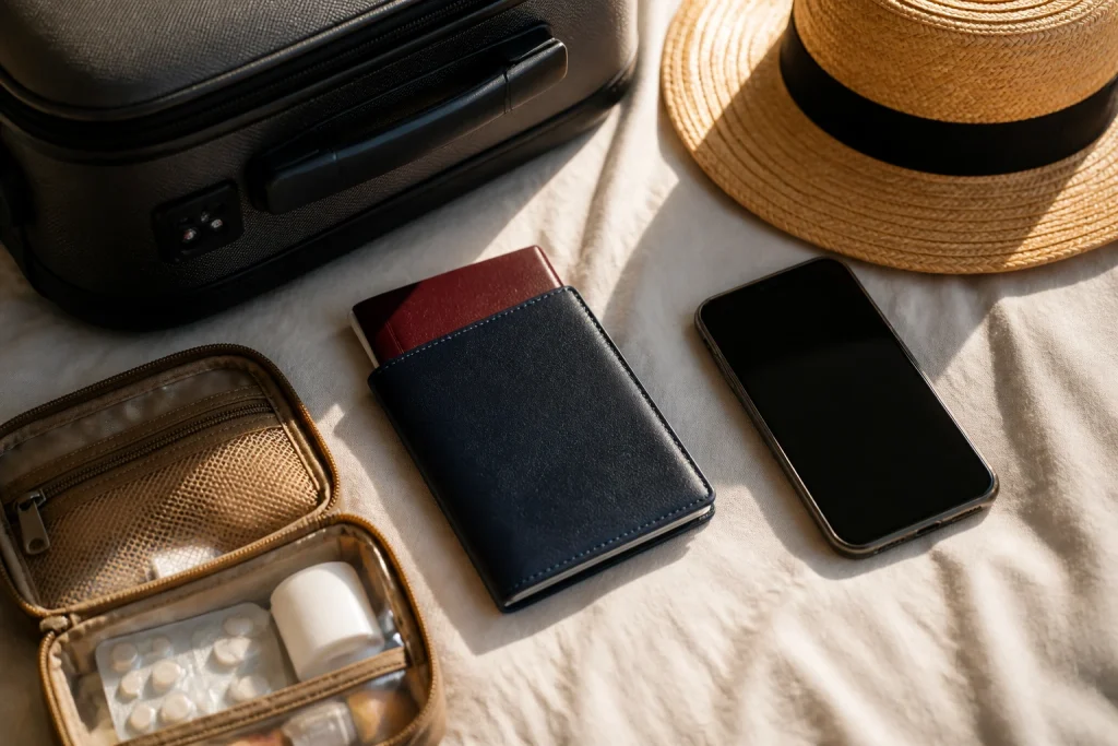 Essential travel documents and valuables packed in a carry-on bag