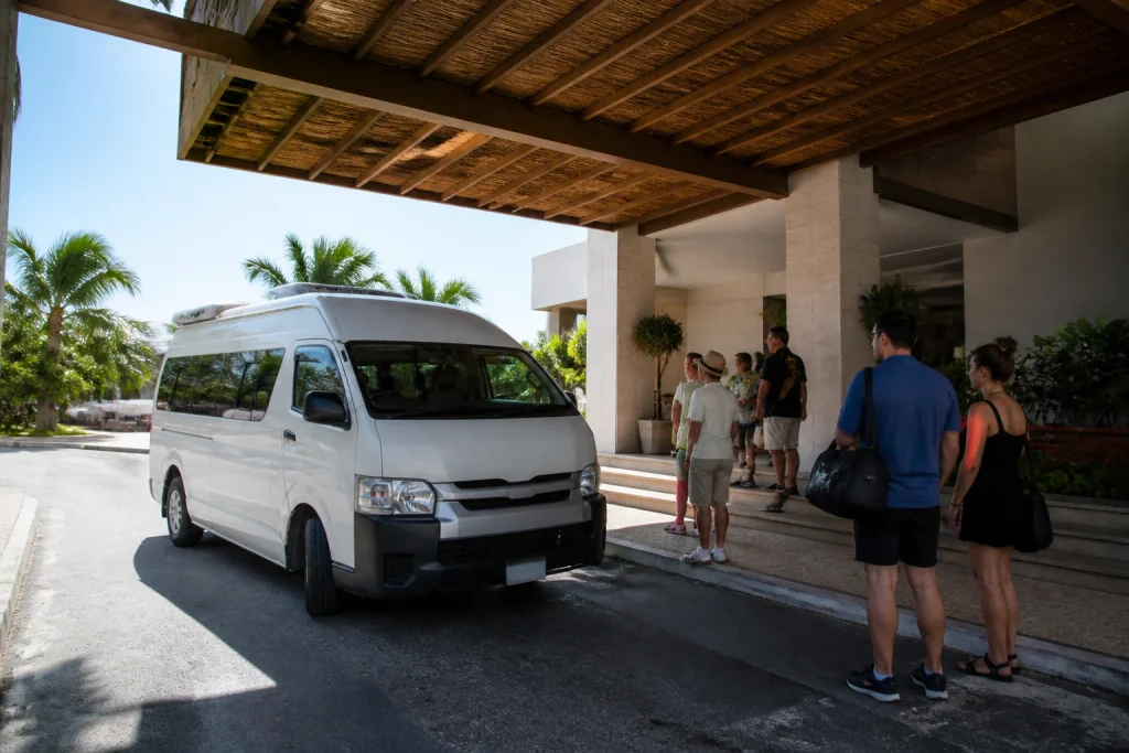 Travelers waiting at a Cancun resort pickup point for an ATV excursion