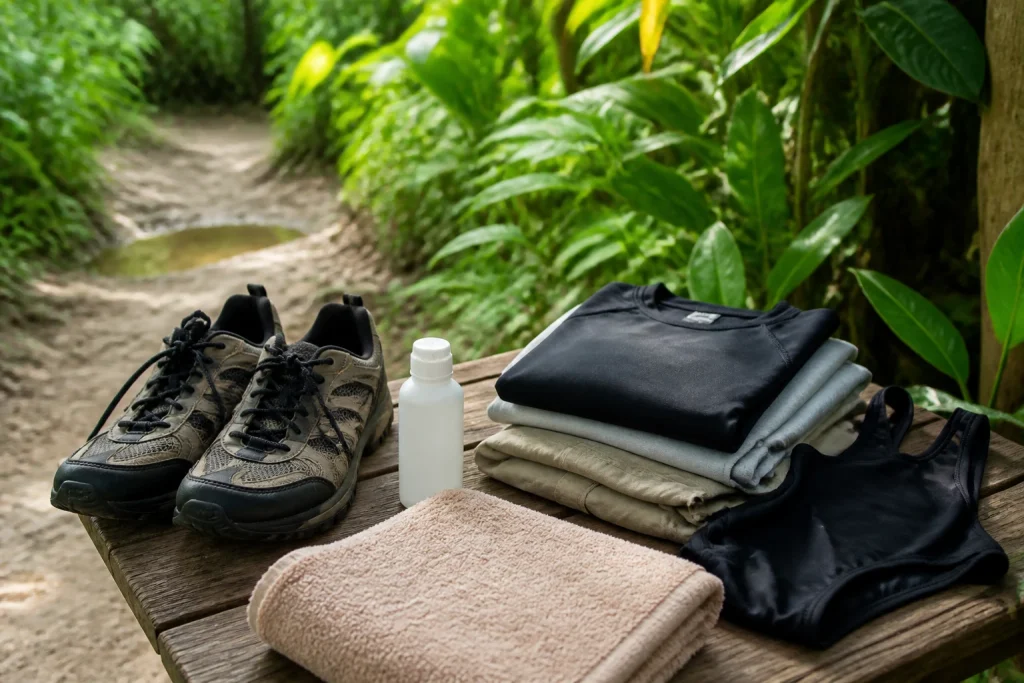 Closed-toe shoes, a towel, swimwear, and dry clothes packed for an ATV and cenote outing.