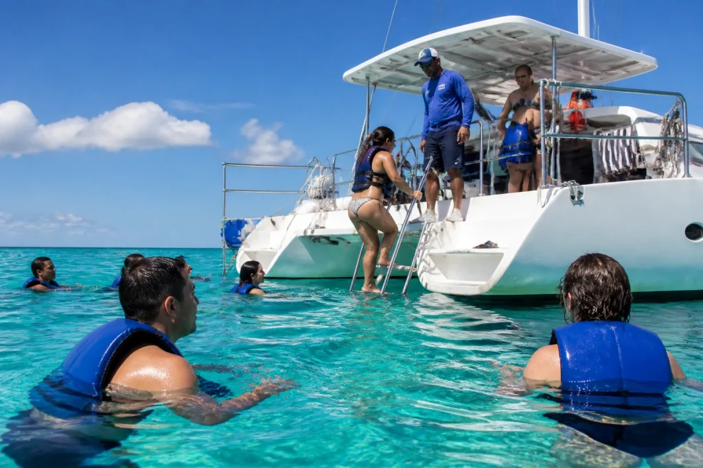 Life-jacketed passengers swimming beside a Cancun catamaran