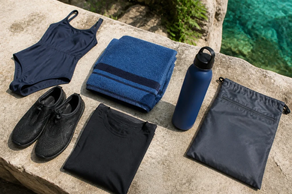 Swimwear, towel, water shoes, and dry clothes packed for a cenote tour