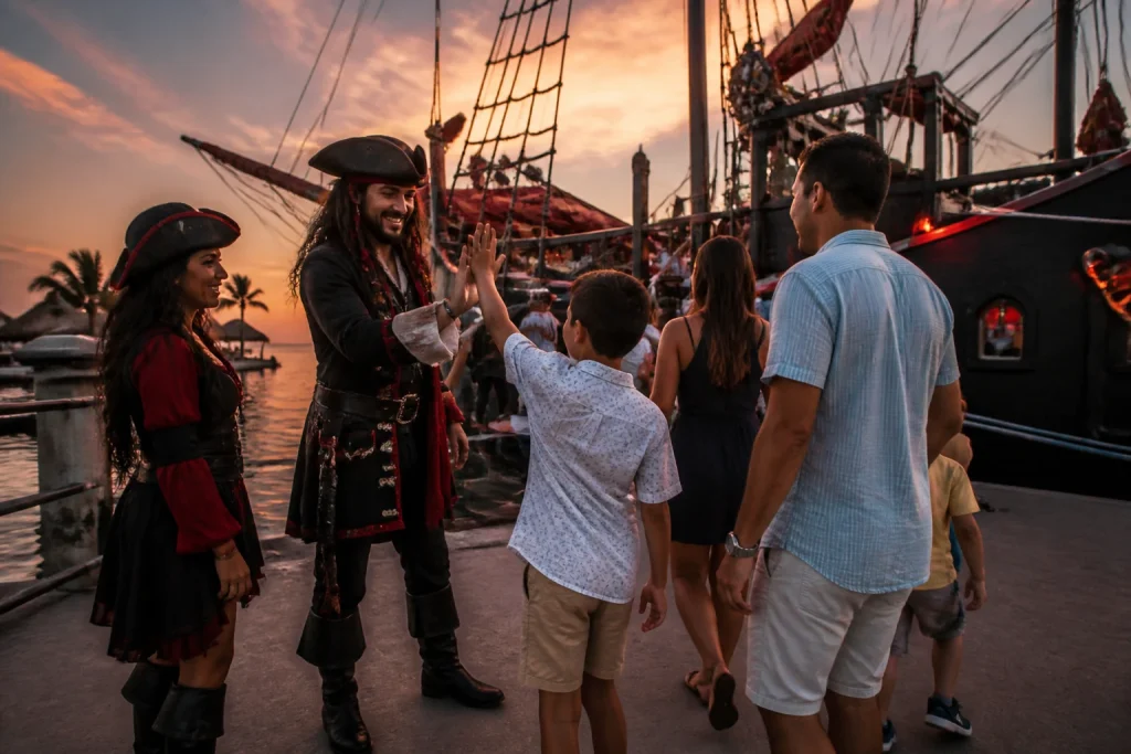 Pirate-themed dinner cruise departure for families in Cancun