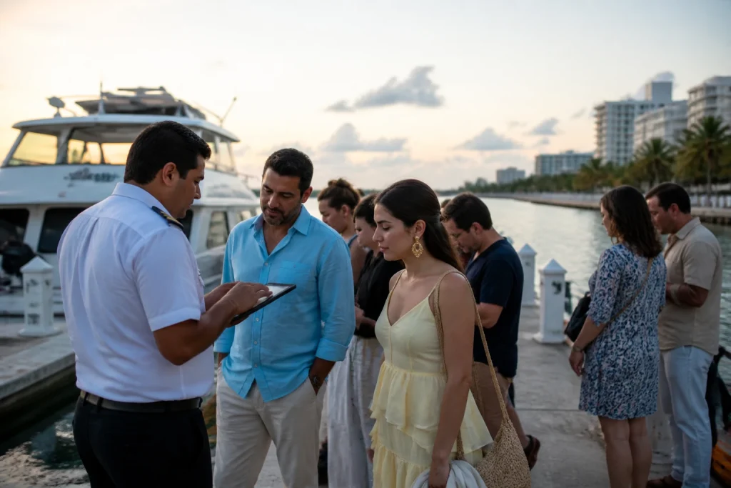 Travelers arriving at a Cancun marina for an evening cruise