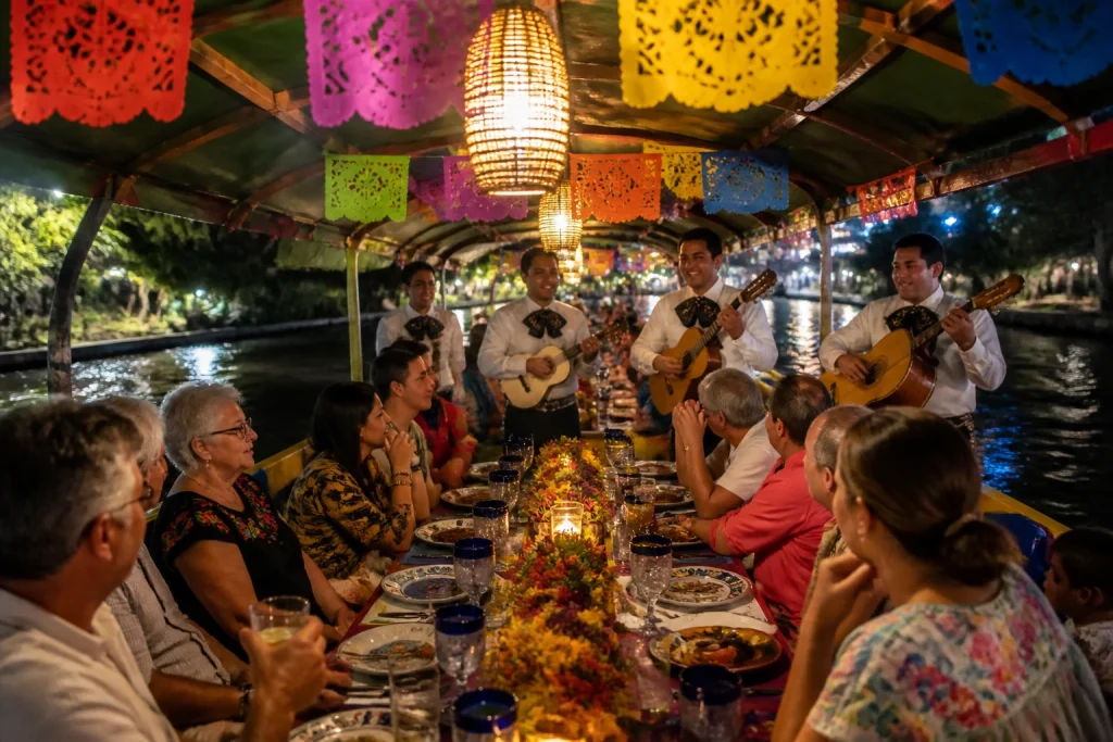 Festive Mexican themed evening boat experience near Cancun
