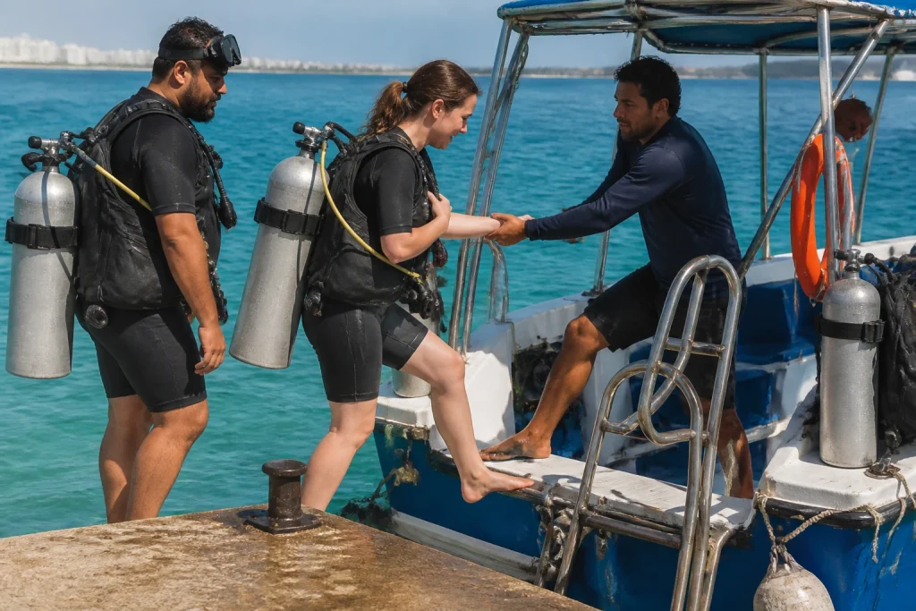 Beginner scuba divers boarding a boat at a Cancun dock