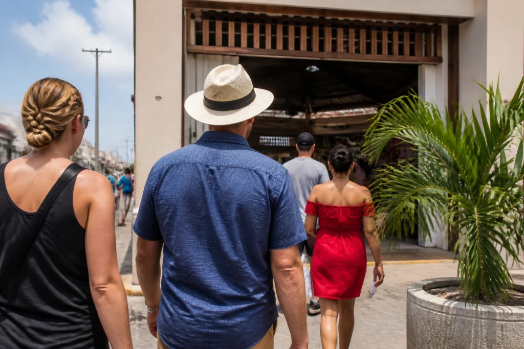 Visitors walking through downtown Cancun on a market-focused outing