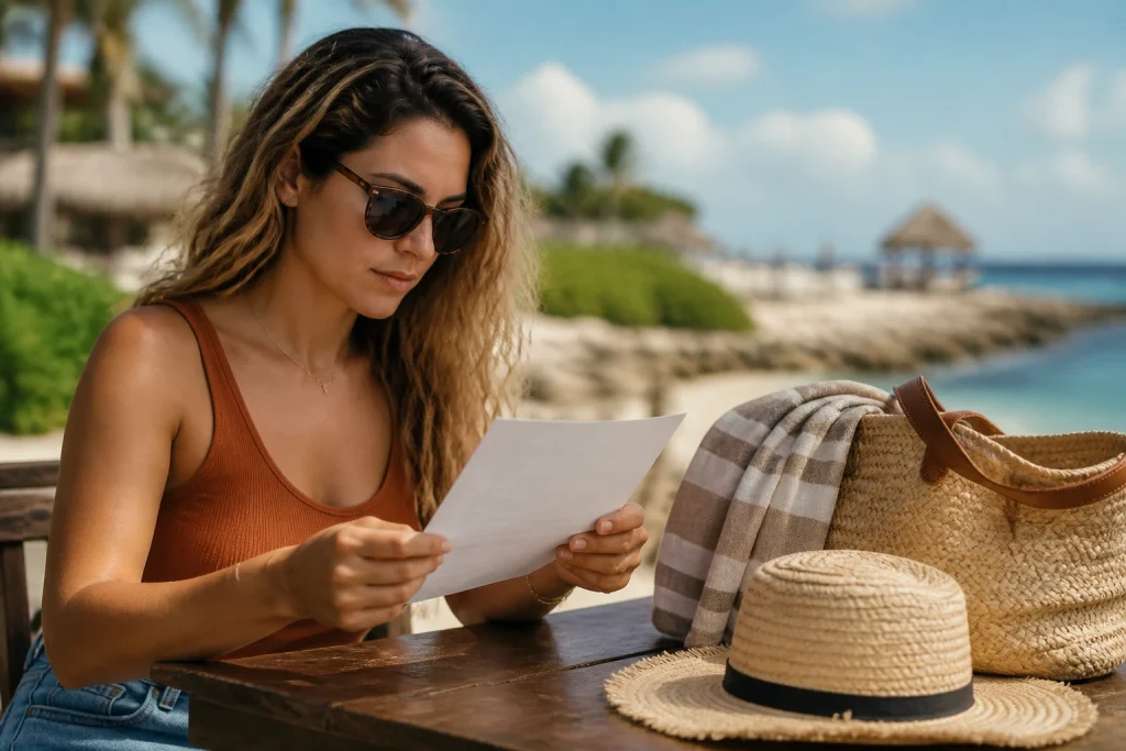 Traveler reviewing activity booking details before a water excursion
