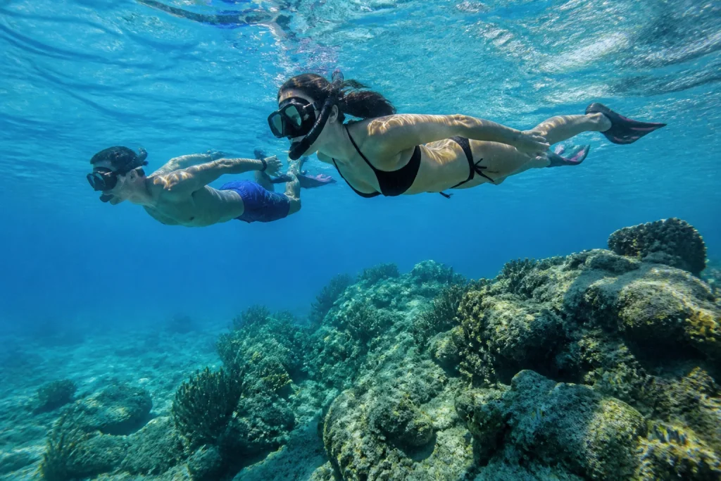 Snorkelers exploring clear water near Cancun
