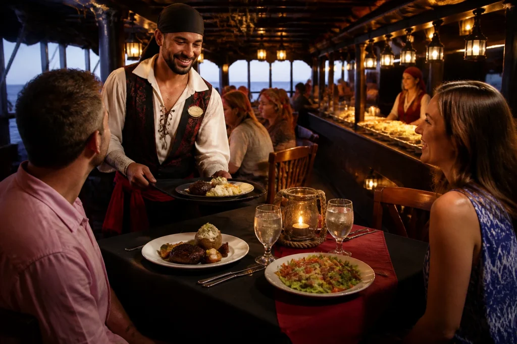 Dinner service aboard a pirate-themed Cancun cruise