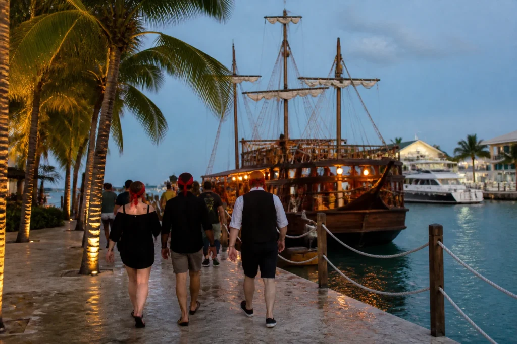 Travelers arriving at a Cancun marina for a pirate dinner cruise