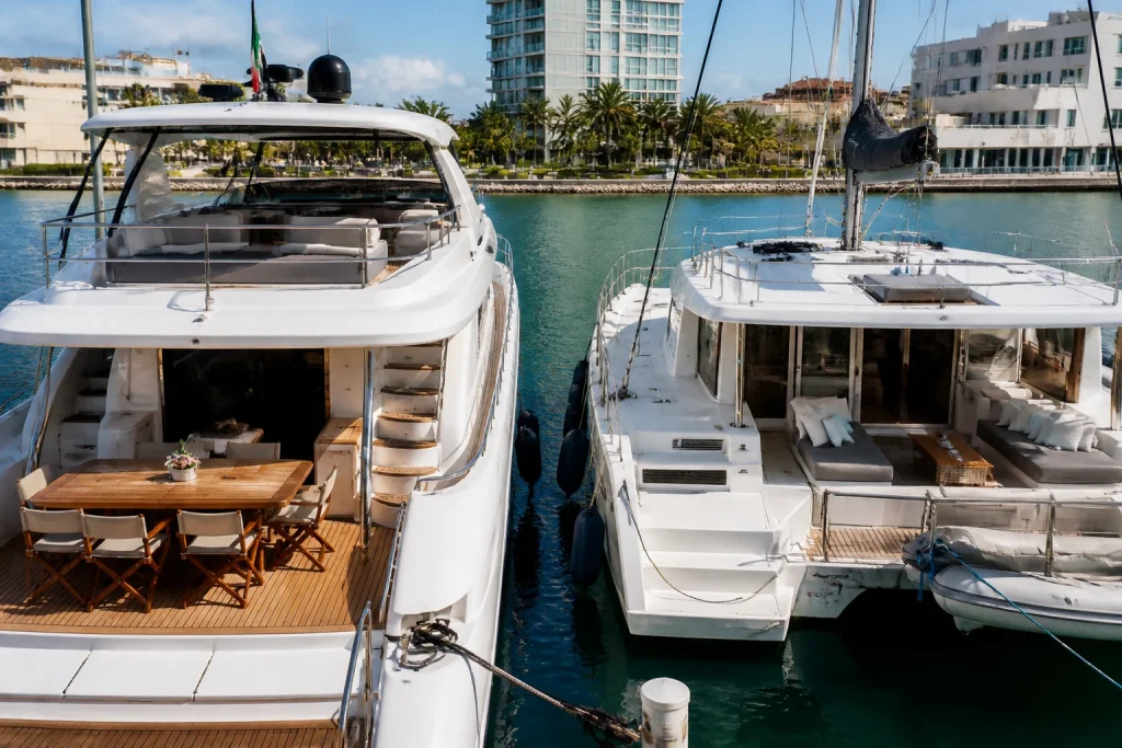 Private yacht and catamaran deck layouts at a Cancun marina