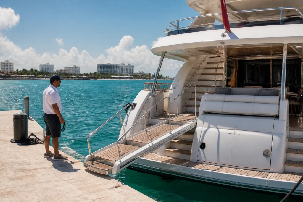 Boarding area beside a private yacht at a Cancun marina