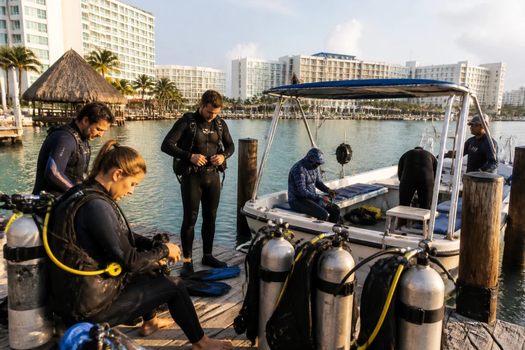 Divers preparing for a morning departure at a Cancún marina