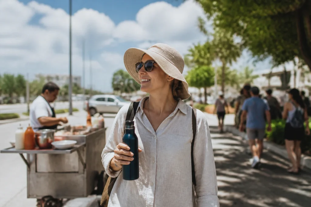 Traveler carrying water and using sun protection during a walk in Cancun