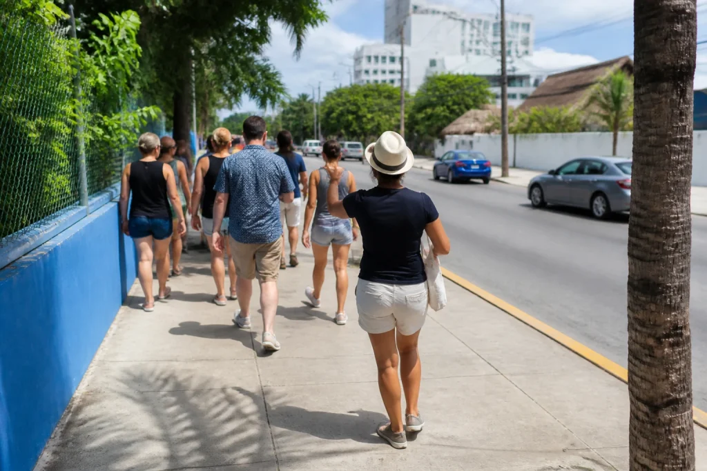 Small group walking together on a Cancun sidewalk