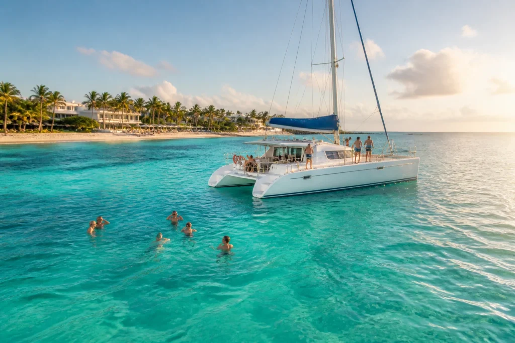 Catamaran and swimmers near Playa Norte on Isla Mujeres