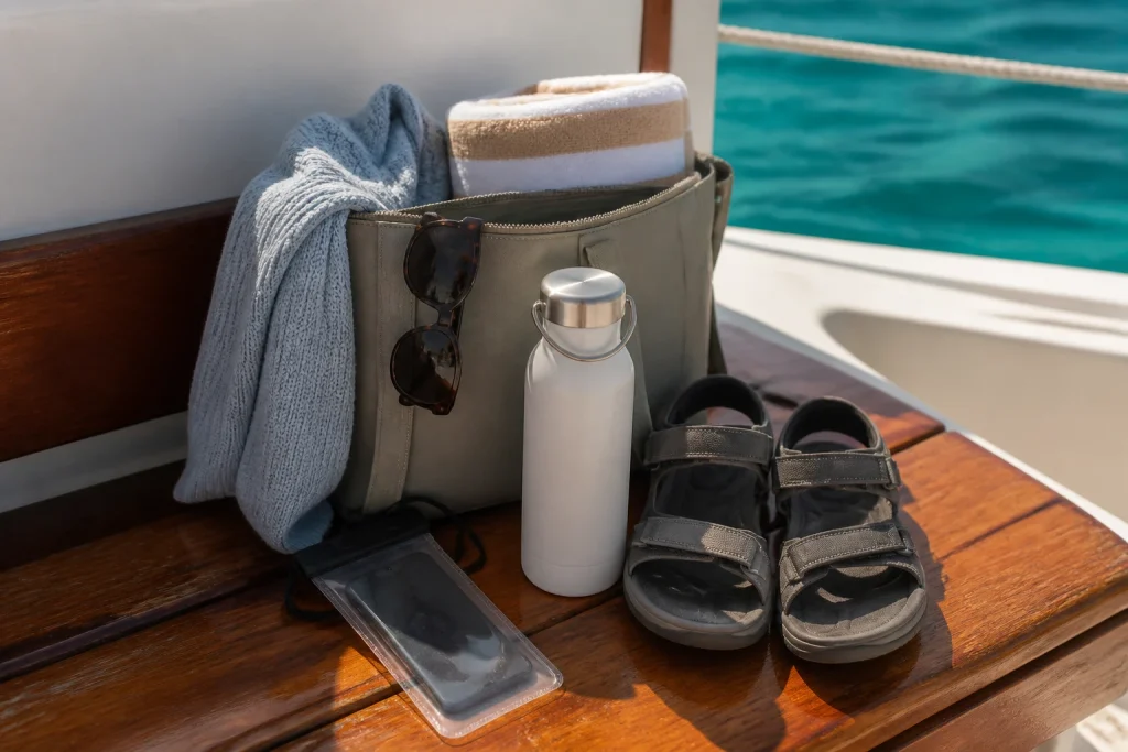 Useful items packed for an Isla Mujeres sunset catamaran