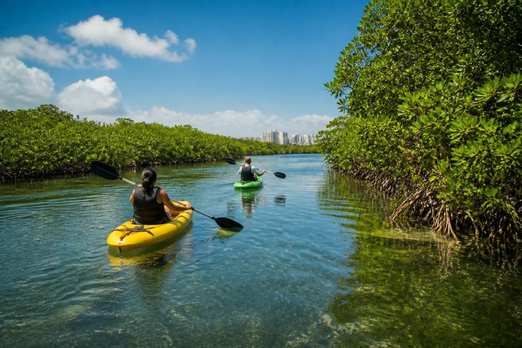 Kayakers following a guide along mangroves in Cancun's Nichupte Lagoon.