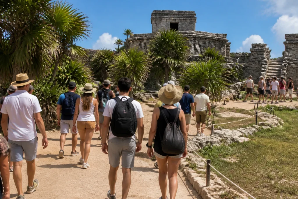 Travelers exploring the Tulum archaeological zone