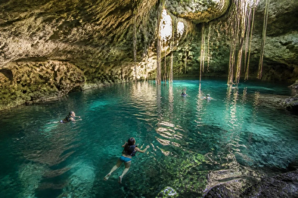 Travelers swimming at a cenote in Quintana Roo