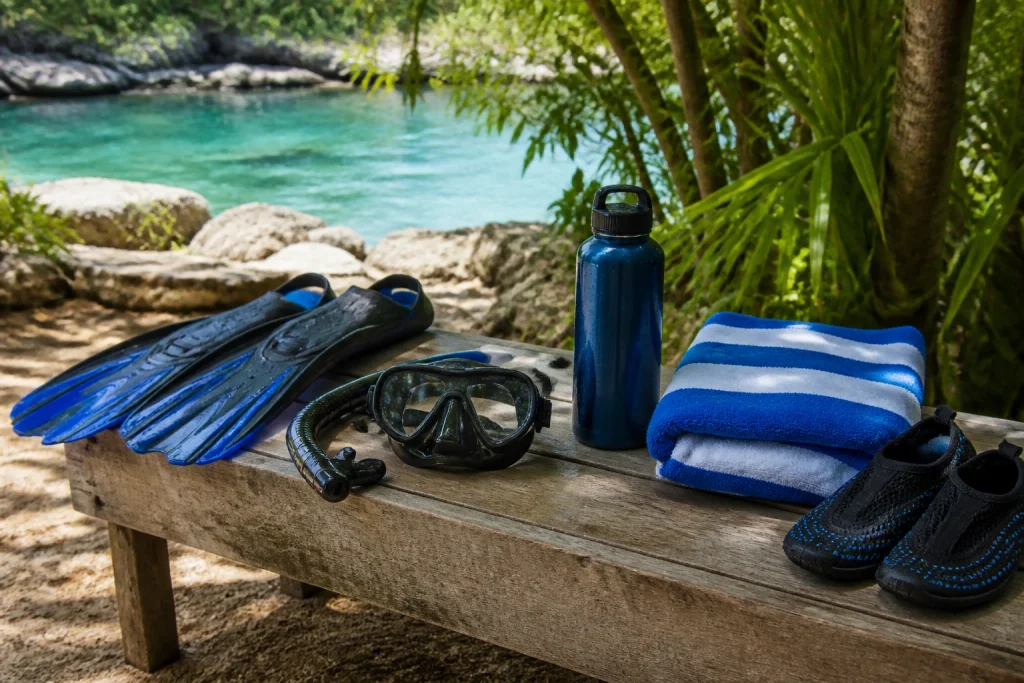 Snorkeling gear and water shoes for an Xel-Há day trip.